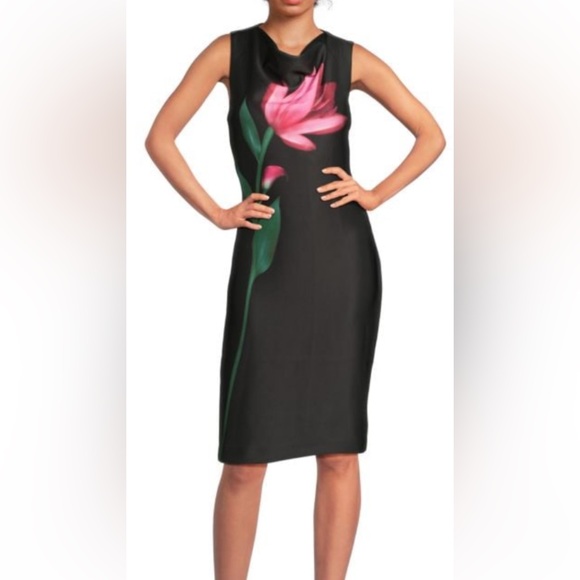 Halston Heritage Dresses & Skirts - Halston Heritage Black Midi Sheath Dress with Pink Floral Detail NWOT SIZE 6